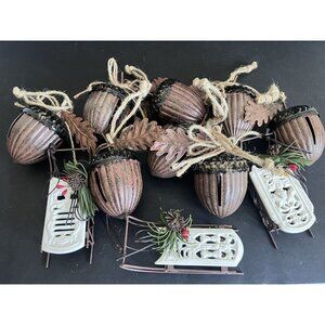 Dillards Trimmings Christmas Ornaments Acorn Nut Bells Rustic Brown Vtg 90s